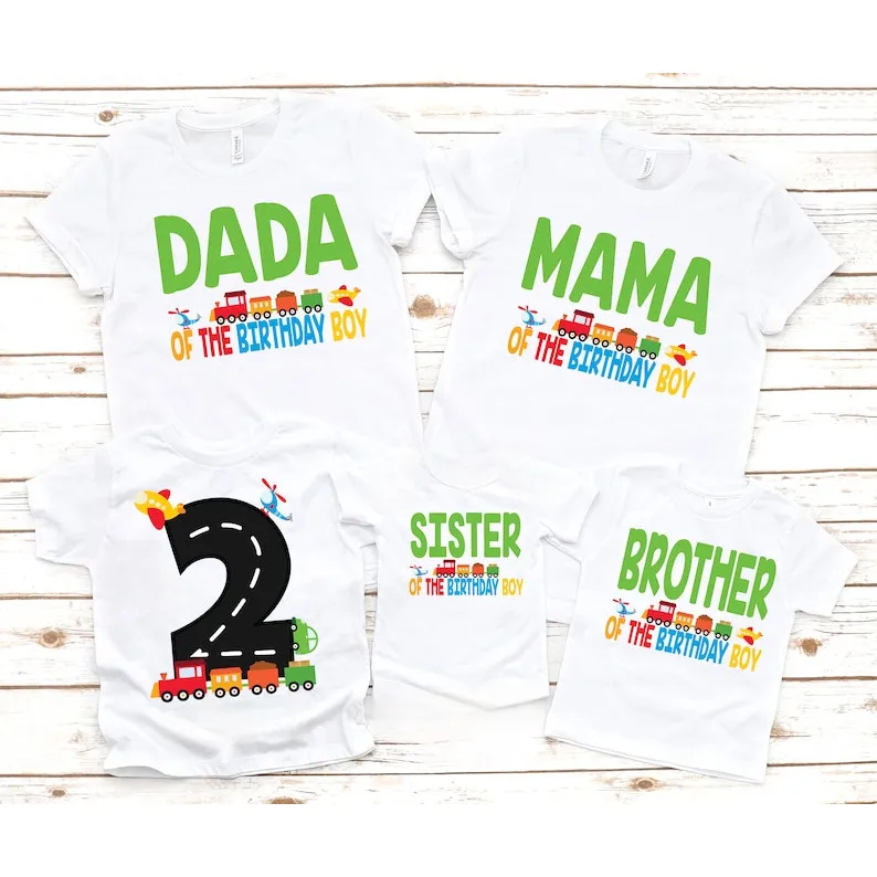 Transportation Theme Family Matching Shirts Plane Train And Automobile Print 1 2 3 4 Years Boys Birthday Tee Party Clothes Sets