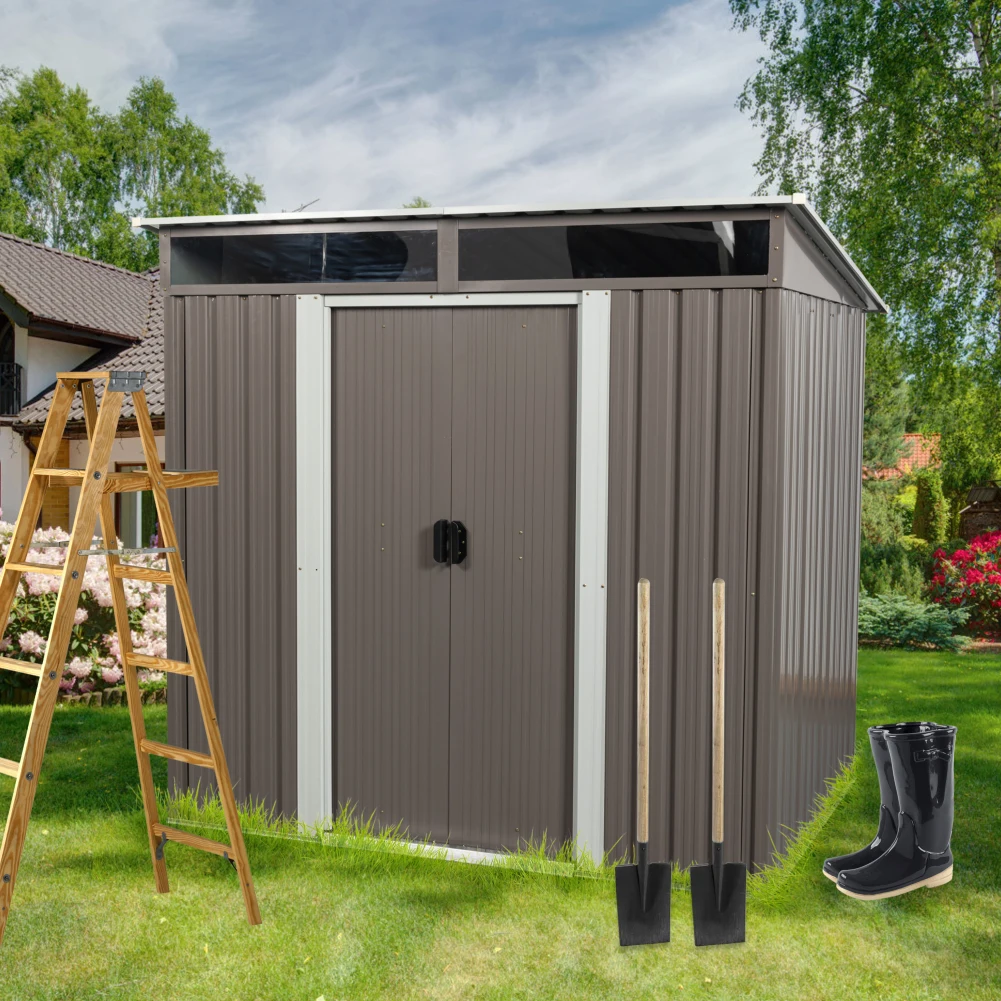 6x5FT Outdoor Metal Storage Shed With Floor Frame Sun Protection Storage House With Lockable Sliding Door For Garden Patio House