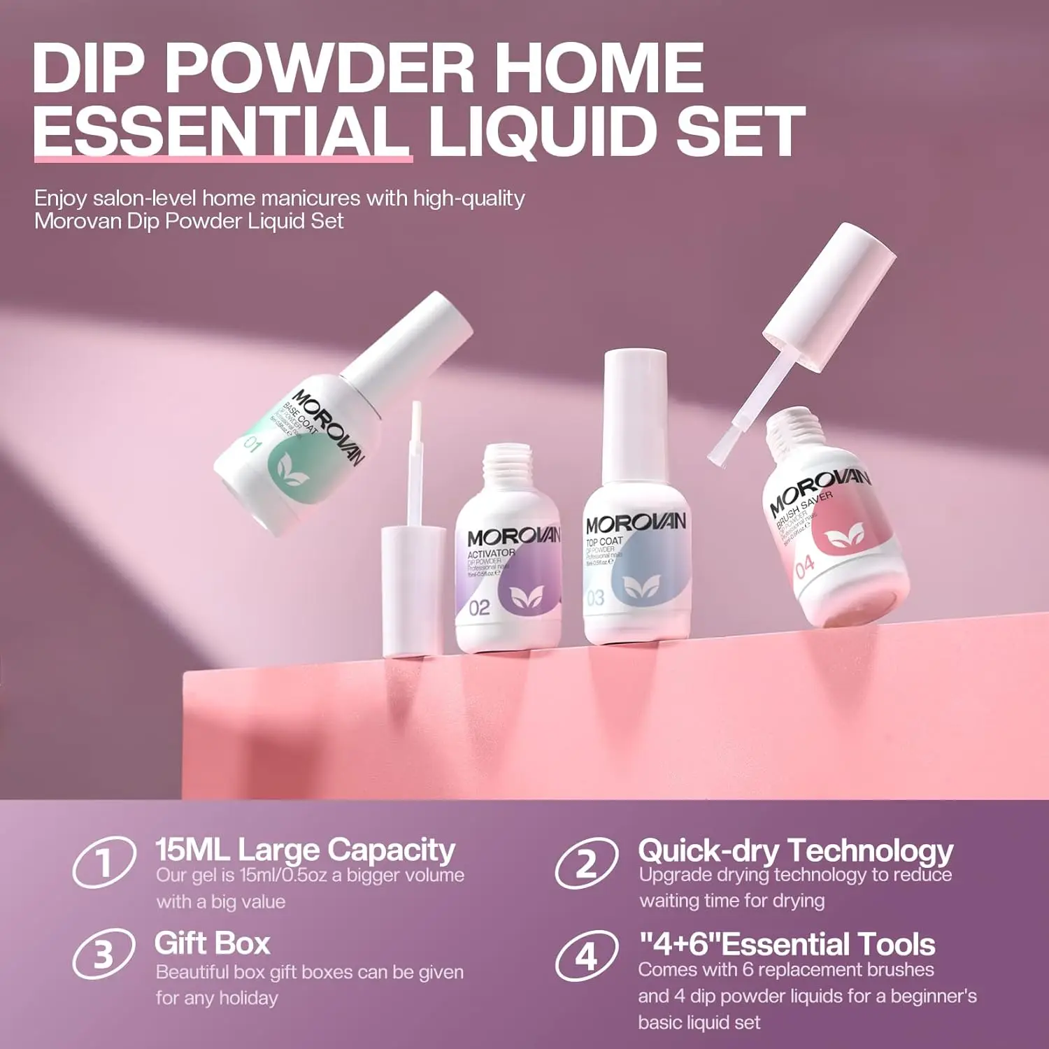 Dip Powder Liquid Set with Activator Base Top Coat and Dipping Powder Brush Saver 4pcs 0.5oz for Dip Powder Nail Kit