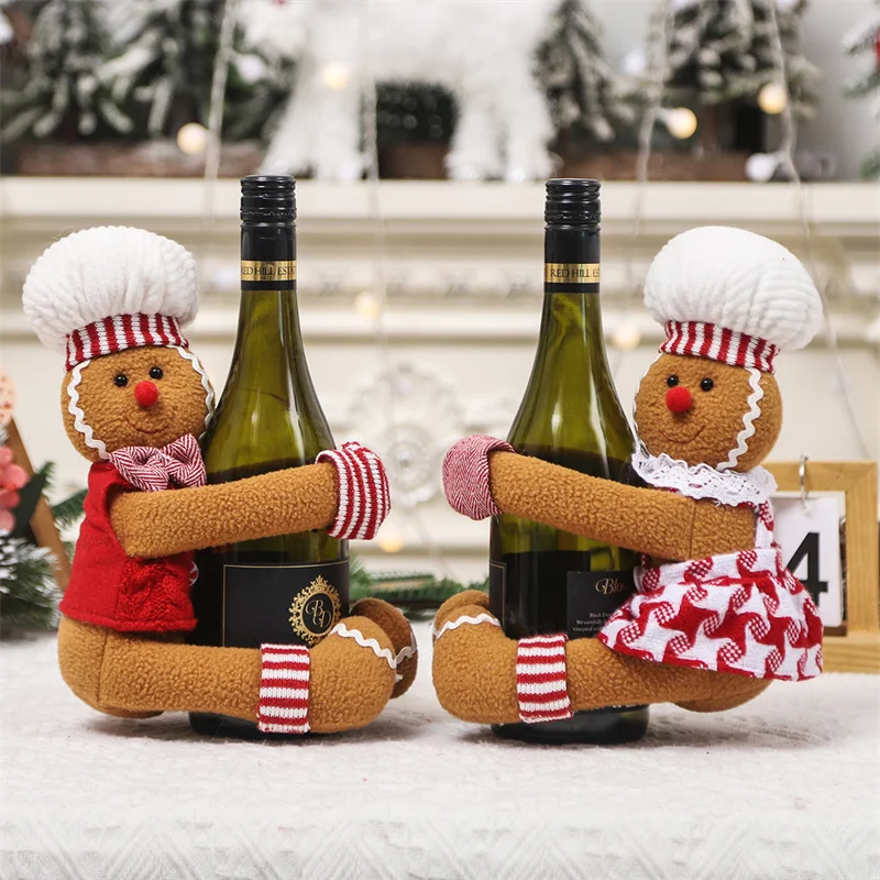 2025 Christmas Decorative Articles Cartoon Couples Gingerbread Man Doll Wine Bottle Holding Bottle Cover Wine Bottle Decoration