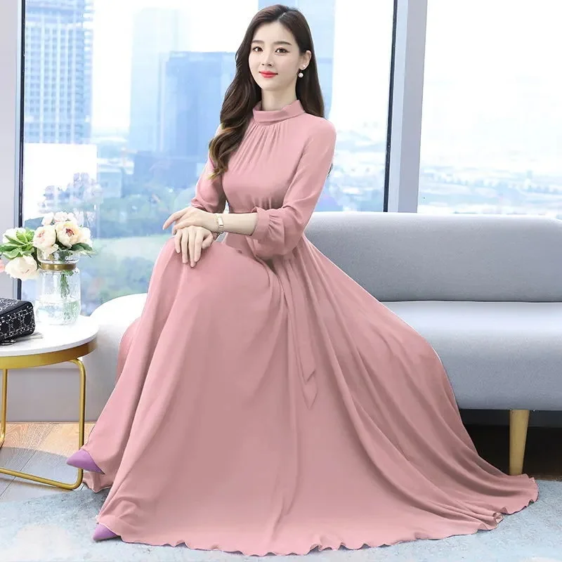 2025 Women\'s Dresses New Spring Summer Autumn Winter New Fashion Pure Color Lace Up Long Sleeve Elastic Waist Long Party Pleated