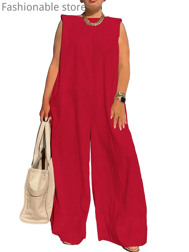 Women Casual Solid Color Sleeveless Round Neck Wide Leg Loose Jumpsuits