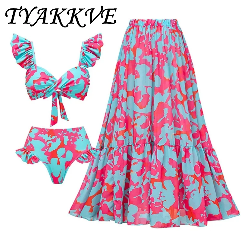 TYAKKVE 2024 Sexy Bikini Set New High Waist Split Swimwear Set with Lotus Leaf Edge Printing Women's Swimsuit Three Piece Set