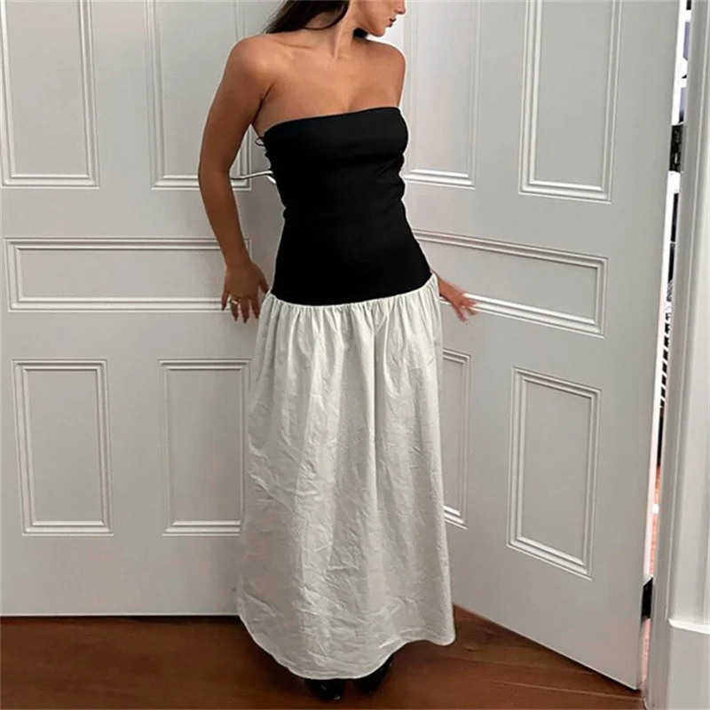 

Contrast Strapless Tube Maxi Dress For Women Summer Sexy Off Shoulder Patchwork A-line Backless Sleeveless Beach Dress Female