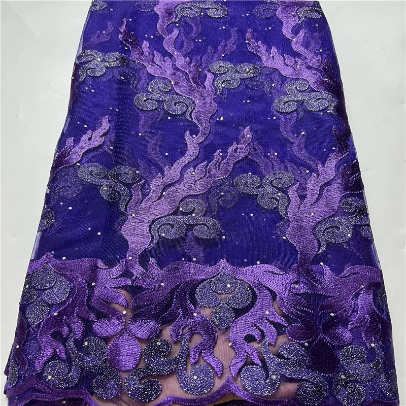 

2022 African Lace Fabric High Quality French Milk Silk Lace Fabric With Stones Tulle Embroidery Cord Laces Sewing Purple