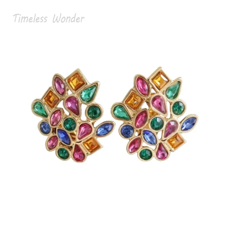 

Timeless Wonder Fancy Geo Rhinestone Clip on Earrings for Women Designer Jewelry Luxury Runway Gift Top Rare Vintage 3326