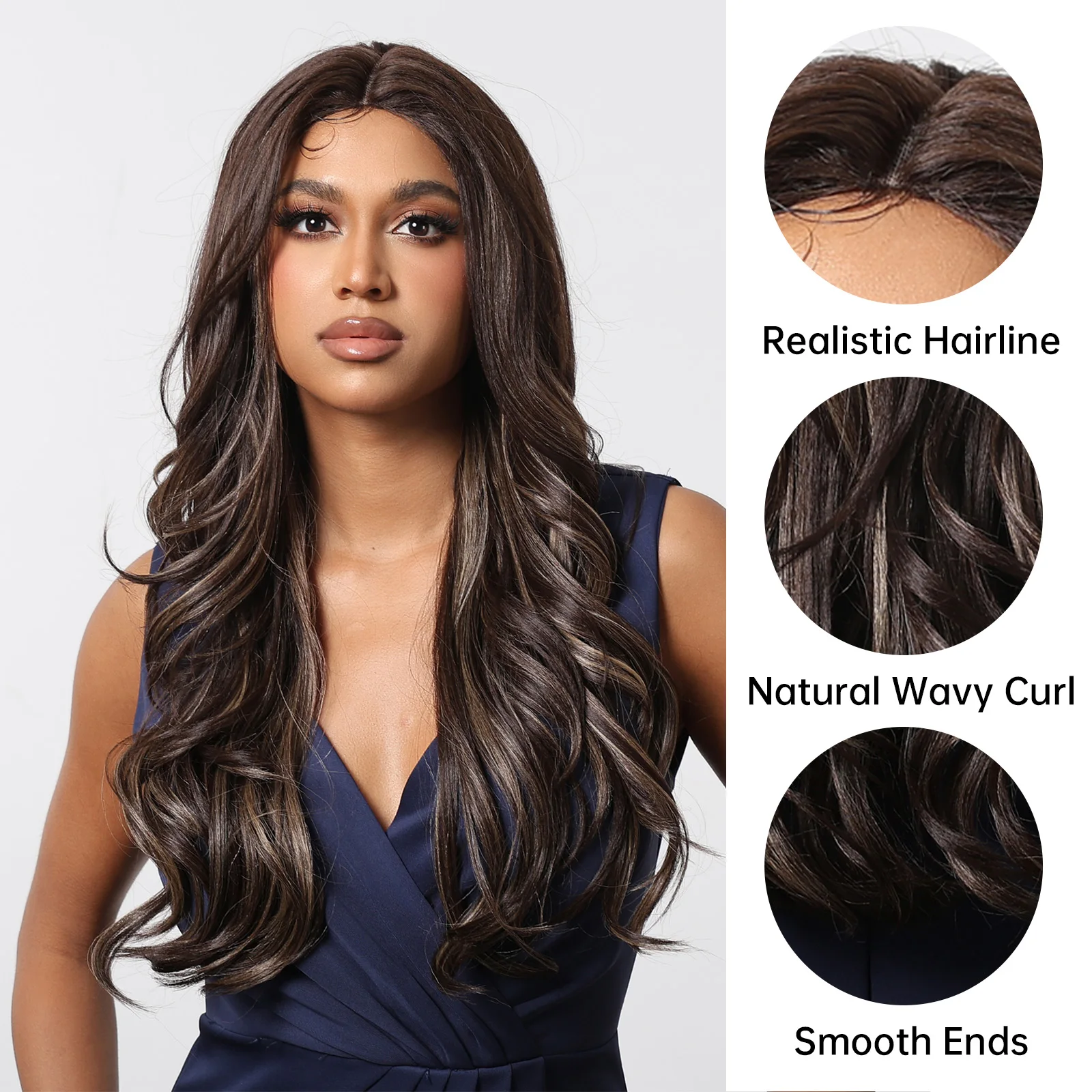 Perucas sintéticas encaracoladas longas para mulheres africanas, destaque de cor natural, cabelo frontal ondulado, fibra resistente ao calor, renda T, diariamente