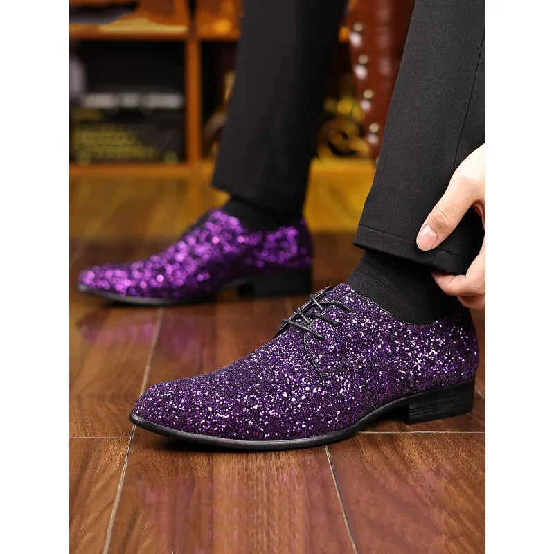 Oxford Fashion Designer Men Flats Large Size Luxury Men Dress Gold Silver Sequin Wedding Shoes High Quality Lace-Up