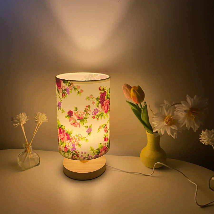 1PC Vintage Floral Table Lamp, Colorful Rose & Peony Fabric Shade, Minimalist Wooden Base Bedside Lamp for Bedroom Living Room