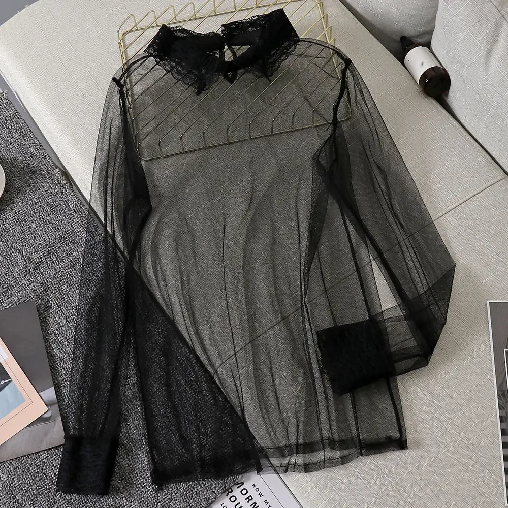 Through Transparent Soft Mesh Long Sleeve Blouse Summer Fall Sexy Fashion Solid Shirt Women Top 2022 blusas underwear Lingerie