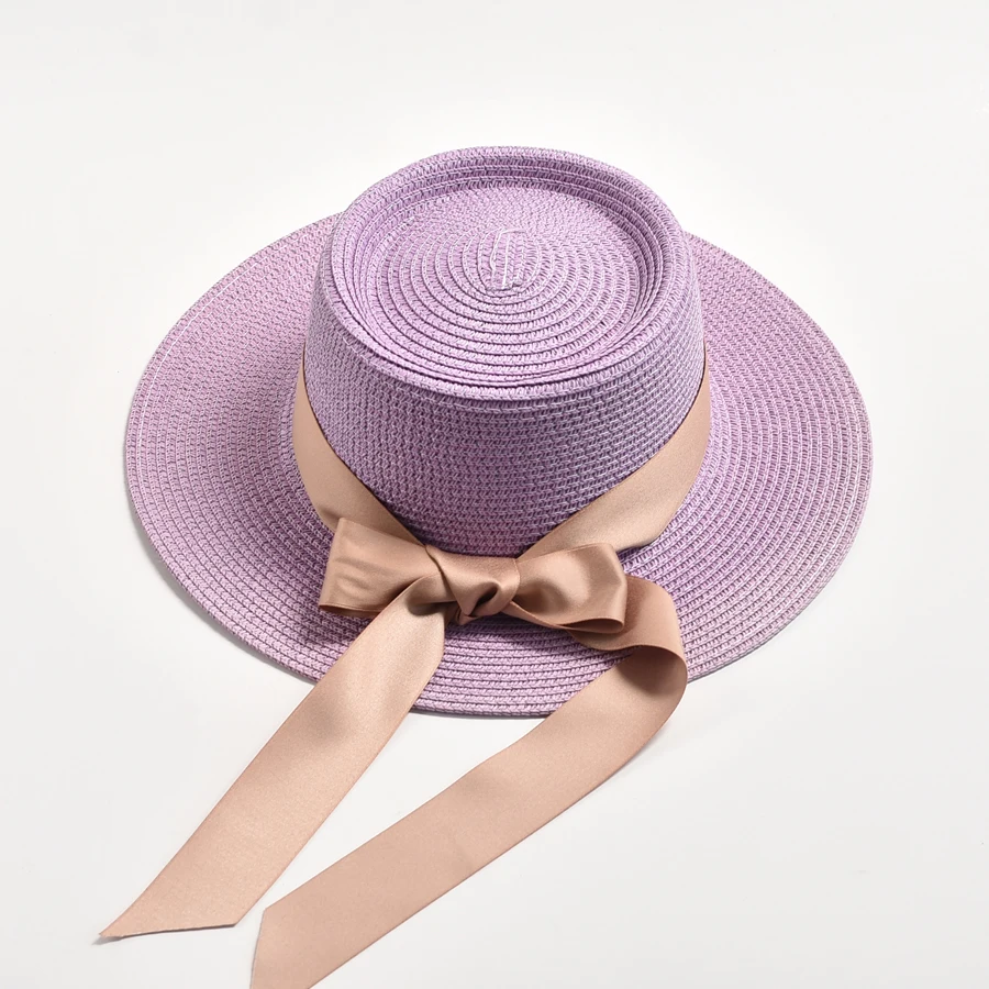 Hats for Women Flat Top Ribbon Bowknot Elegant Straw Sun Hats Summer Sun Protection Beach Hat Gorras Hombre