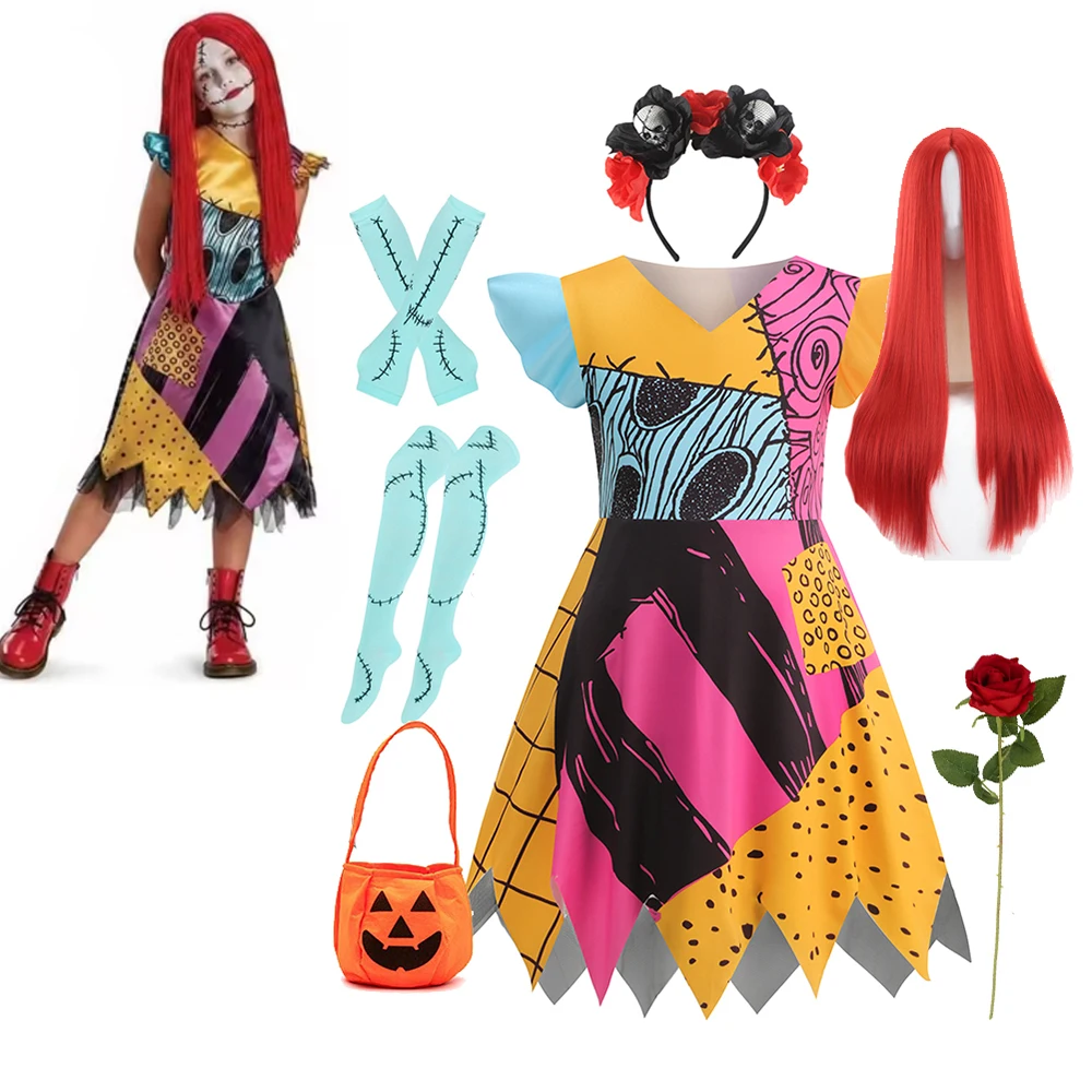 Girls Sally Skeleton Ghost Bride Dress Kids Scary Christmas Eve Cosplay Costume 2026 Halloween Party Character Fancy Dress Up