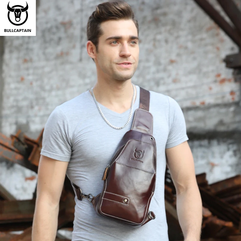 BULLCAPTAIN bolso de pecho de cuero genuino para hombres paquete de pecho de gran capacidad puede acomodar bolsos de pecho de negocios iPai de 7,9
