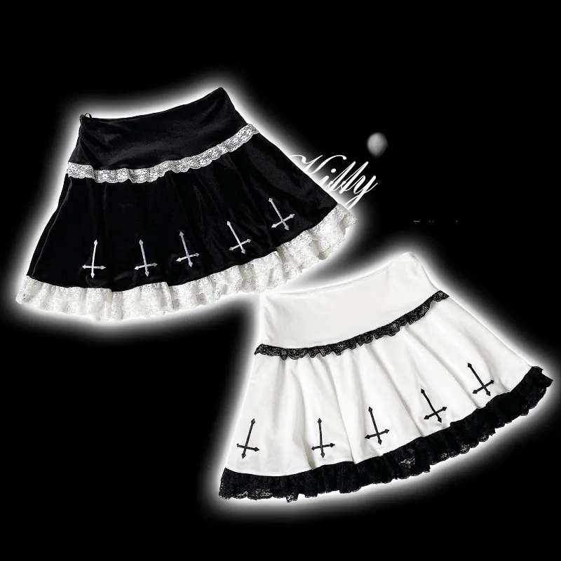 

Gothic Lolita Style Mini Skirt Japanese Women Sweet Y2k Lace Ruffle Cross Embroidery Velvet Party Cake Skirts Vintage Punk Skirt