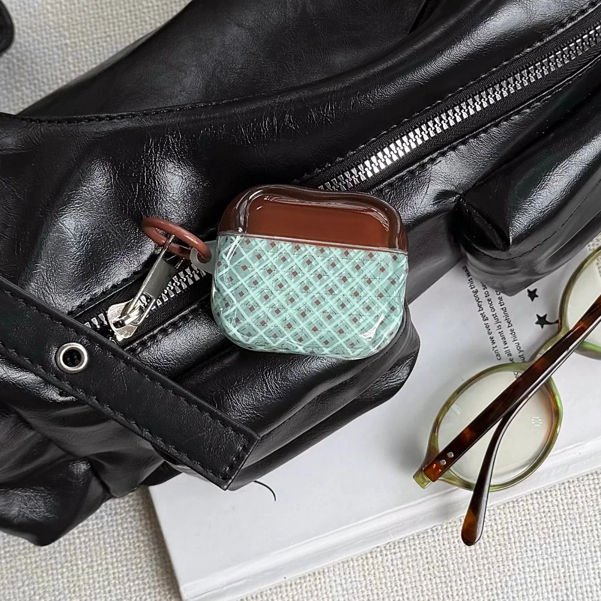 Mint Green Brown Diamond Grid Suitable For Airpods 4 Protective Case Airpods Spro3 Generation Headphone Cover Protective Case