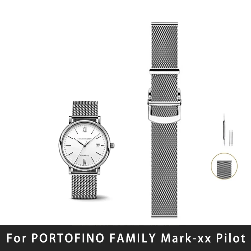 Stainless steel watch strap for IWC PORTOFINO FAMILY Mark-xx Pilot 20 22mm silver black mesh adjustable folding buckle watchband