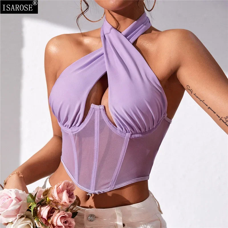 ISAROSE Halterneck Crop Tops for Women Summer Lace-up Sleeveless Backless Solid Color Stretch Mesh Fishbone Underwire Tank Tops