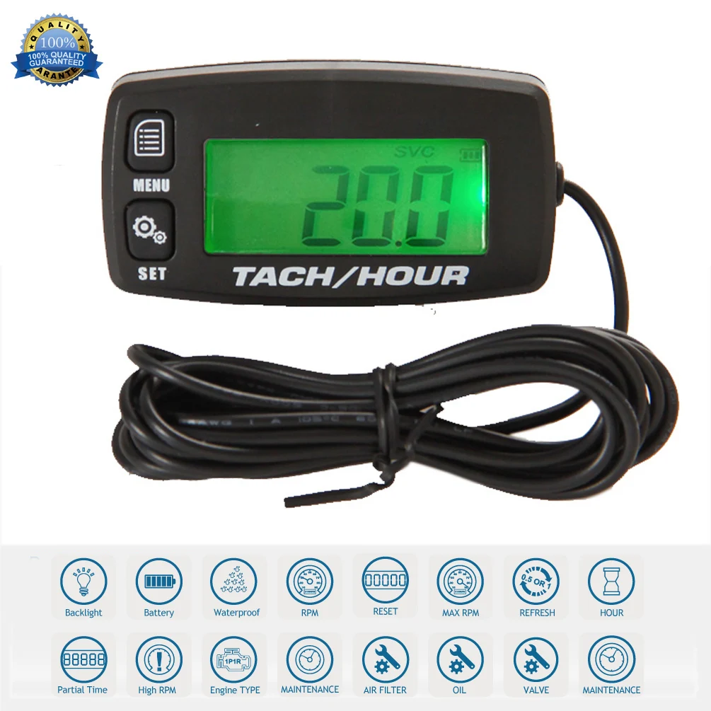 Engine Hour Meter  Inductive Tachometer Gauge Backlit Digital Resettable for Motorcycle Marine Glider ATV Snow Blower Lawn Mower