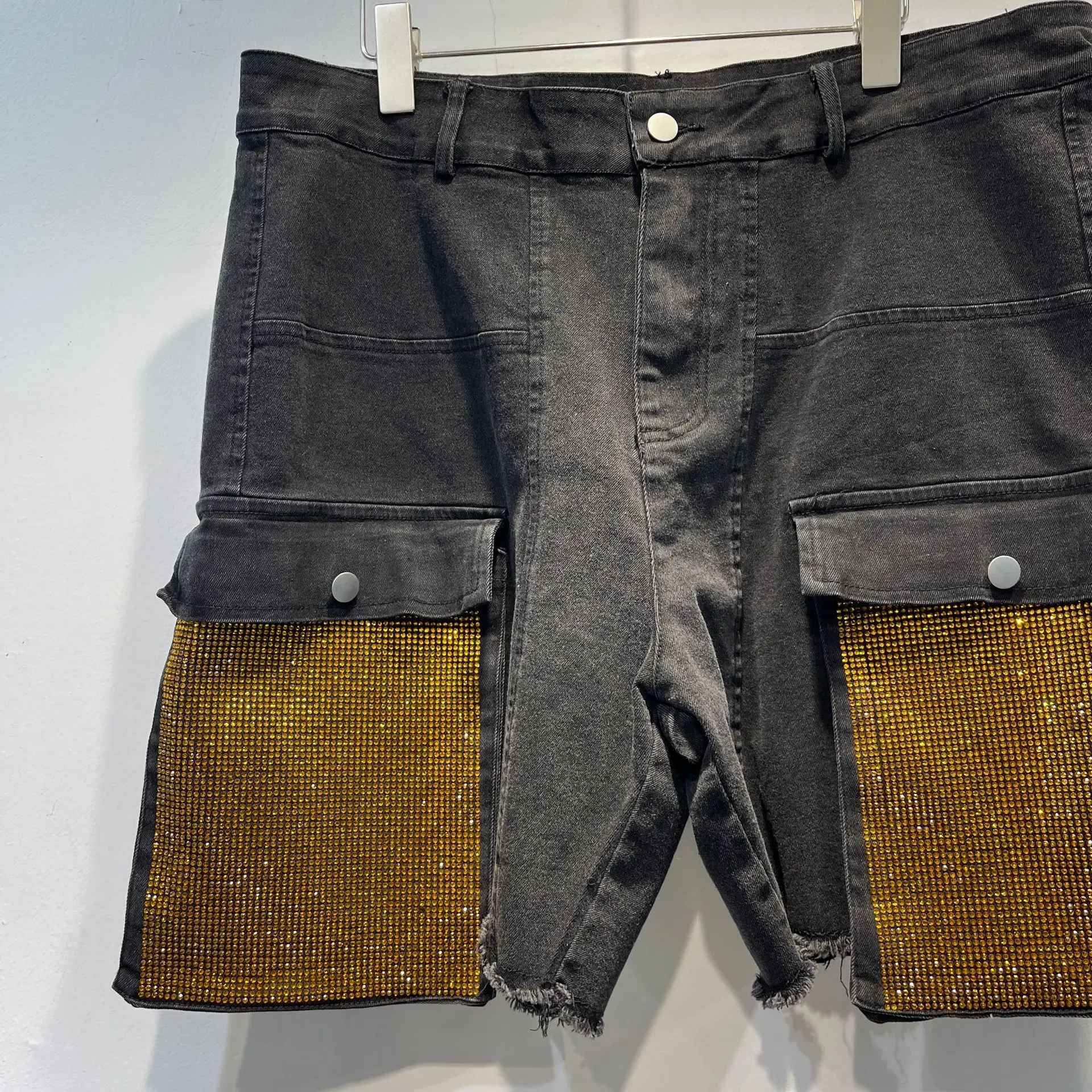Diamond-encrusted Denim Shorts Women's Tide 2025 Summer New Elastic High-waisted Slim-fit Pocket Decorative Straight Short Pants