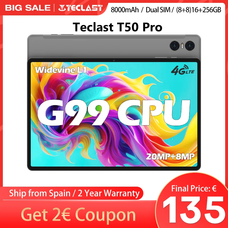 Teclast T50 Pro 11 ''tablet 2000x1200 2K MTK G99 MT6789 Android 13 (8GB + 8GB) Max. 16 RAM 256GB ROM 4G LTE Dual SIM type C 8000mAh 18W PD fast charging