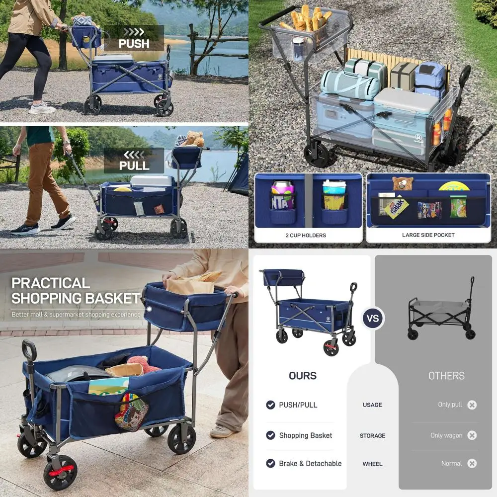 Folding Utility Cart with Wheels, Brakes, and Storage for Groceries, Beach, and Camping, Blue