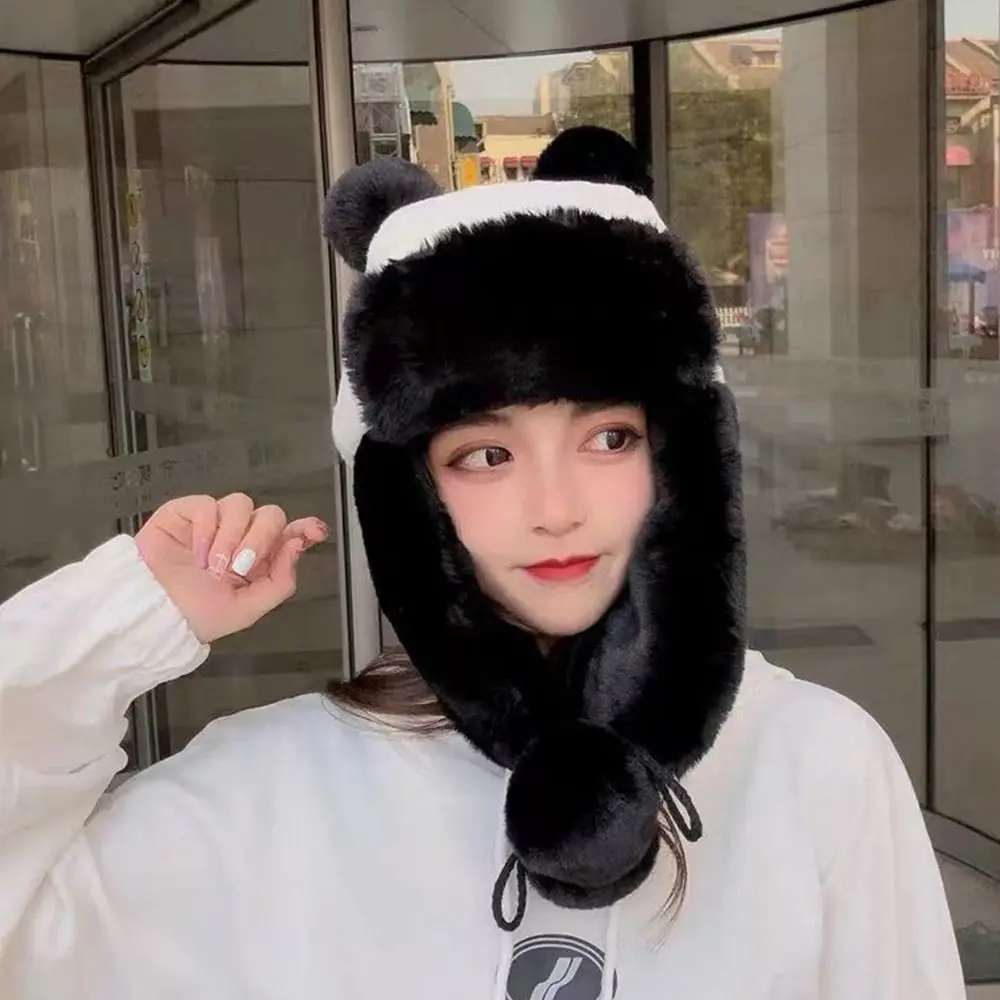 Cute Faux Fur Warm Hat Plus Velvet Panda Style Earflap Hat Cold-proof Ear Protection Hiking Trapper Hat Cycling Activity