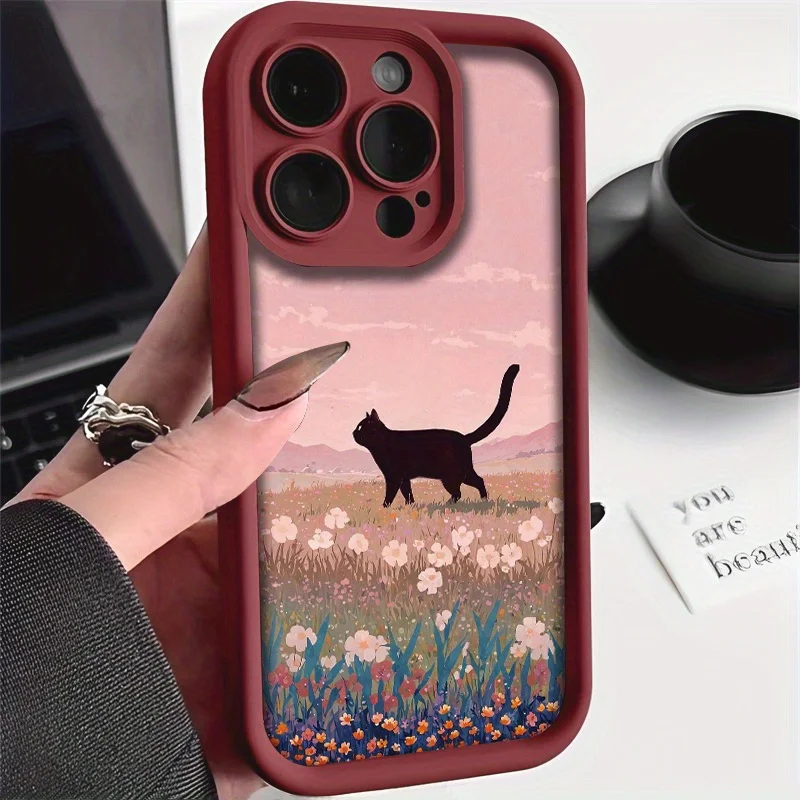 Чехол для телефона с черным котом, прогуливающимся по Ханаде, для iPhone 17, 16, 15, 14, 13, 12, 11 Pro/Max/Plus, противоударный, с защитой от падений