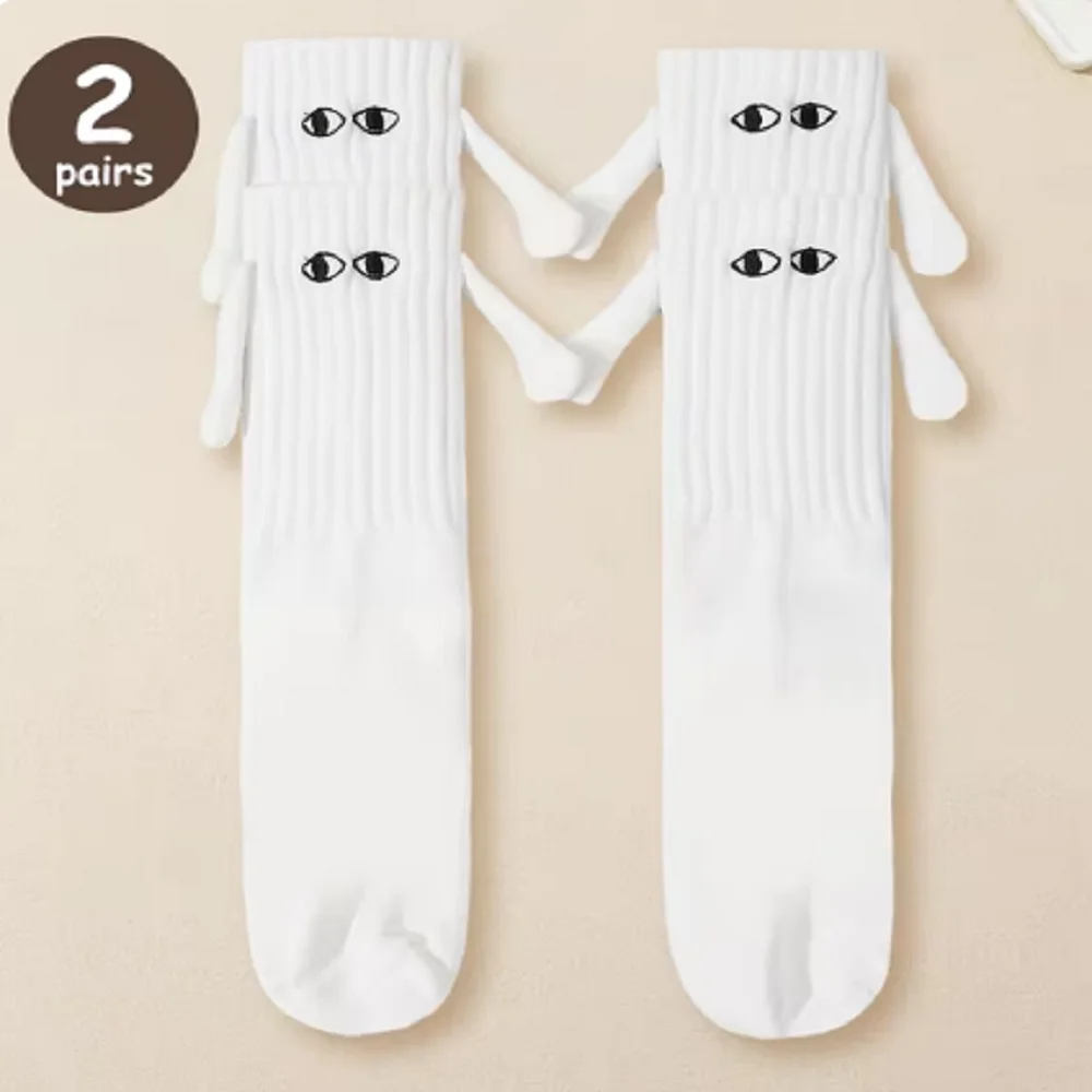 2/4/6/10 Pairs Magnetic Socks With Hands Women Men Fashion Black White Funny Cute Cartoon Eyes Couple Mid Tube Socks For Gifts