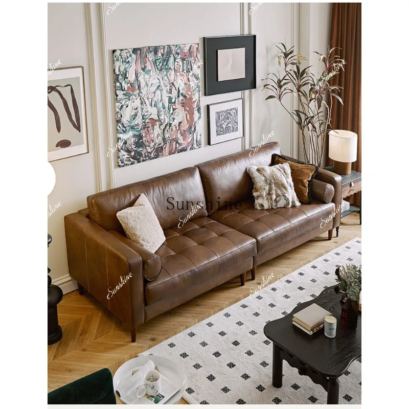 

American retro style first layer cowhide brown living room straight row sofa FT