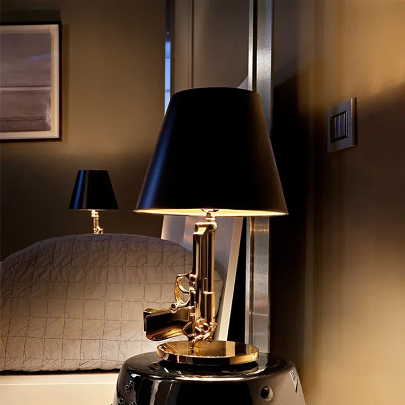 مصباح طاولة مسدس حديث، مصباح مكتبي، جسم مسدس مطلي بالكهرباء مع غطاء قماش، مصباح طاولة مسدس، ديكور منزلي، معدن، أسود #2