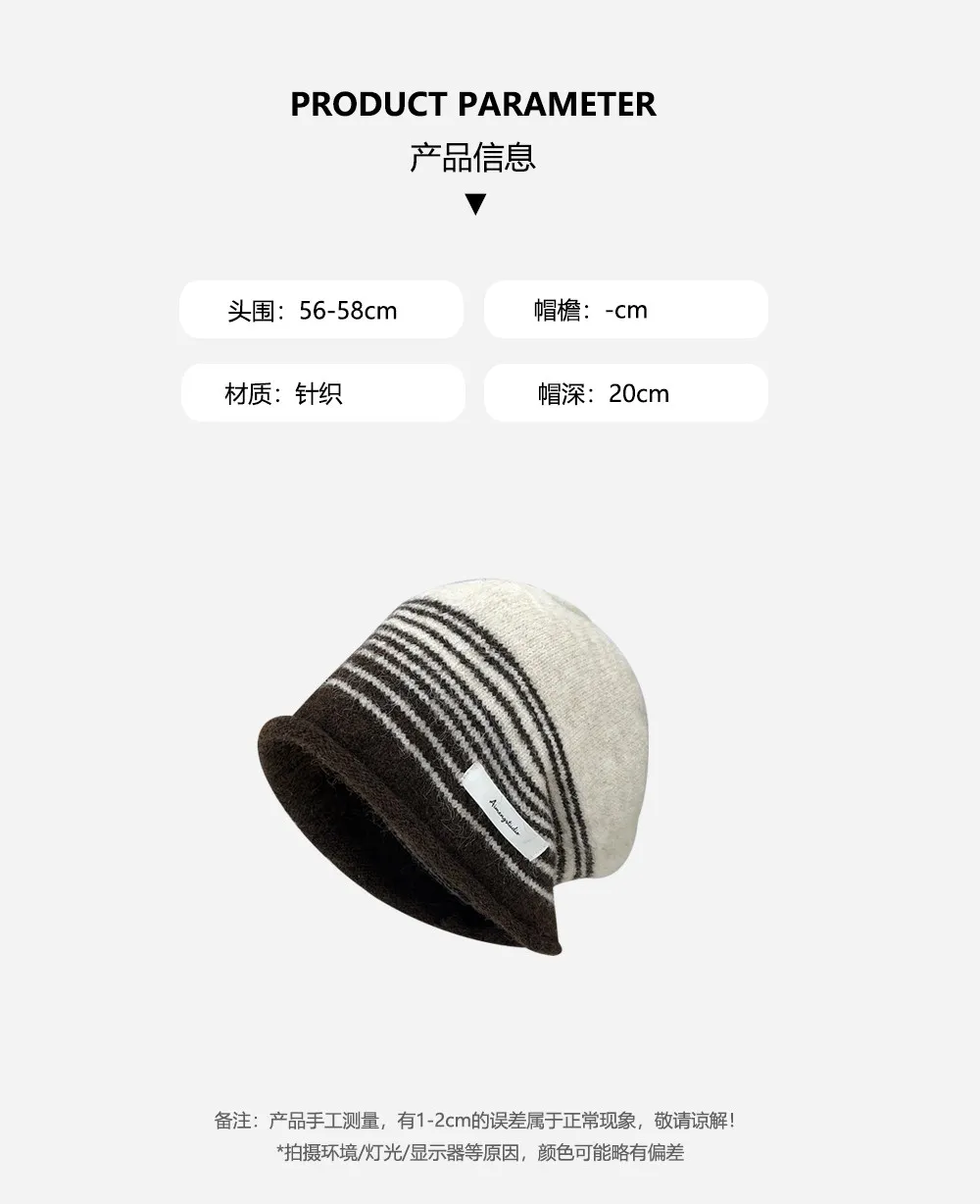 Retro-Mützen mit zweifarbigem Streifenmuster für Damen, aus einem Mischgewebe, im Cloche-Stil, mit Stoffetikett, weich, warm, mit kurzem Schirm, Winter-Pullover-Mützen. – Detail 1