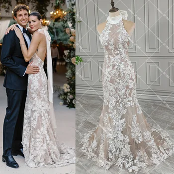 Halterneck Backless Prachtige Zeemeermin Trouwjurk Stropdas Sjerp Borstel Trein Koude Schouder Aangepaste Geborduurde Kant Bruidsjurken