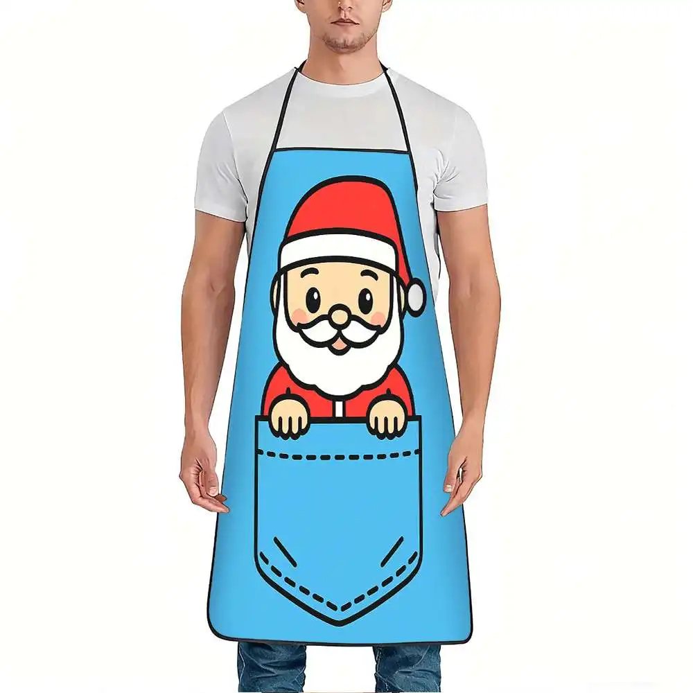 1pc Cute Santa Claus Pocket Print Apron with Santa Face & Hands in Pockets Design, Adjustable Waistband, Durable Easy-Clean Poly