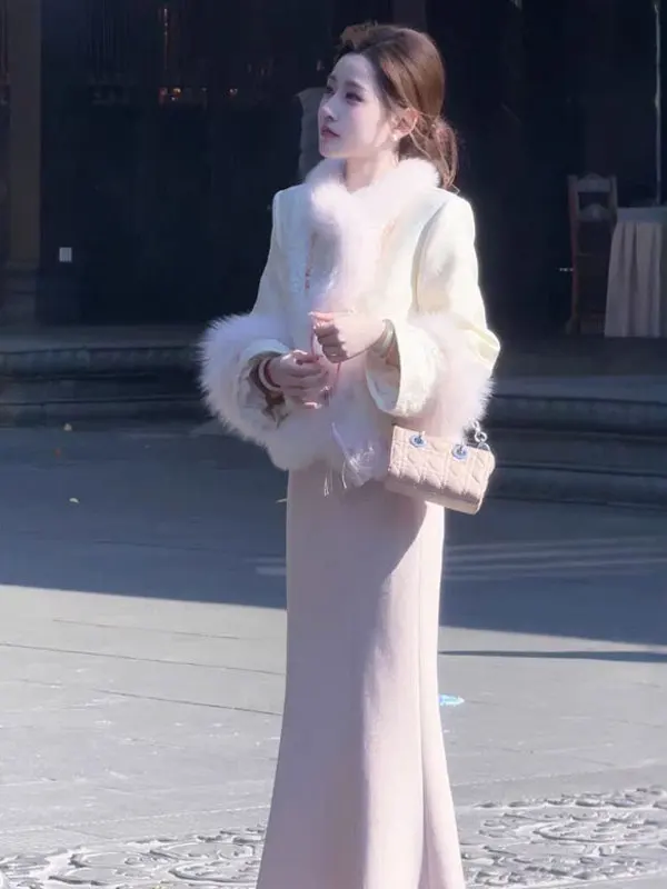 

Ele Gentle Sle Two-Piece Set Coat And Wrap Skirt Women's Faion Comfortable Mid-Winter Casual Wear Universal Fit