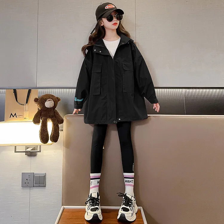 Girl Top 2023 New Spring Autumn Korean Fashion Style Sports Hooded Jacket Girls Solid Long Sleeve Trench Coat Children Clothes