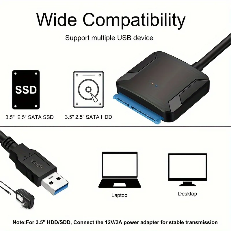 SATA to USB 3.0 Adapter Cable for 3.5 2.5 Inch SSD/HDD Hard Drive Reader, External Converter for SSD/HDD Data Transfer