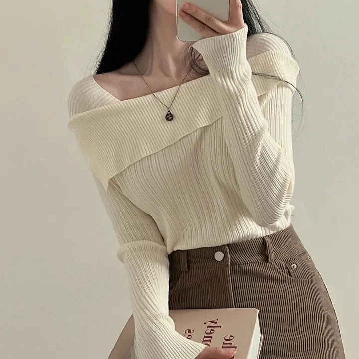 

Шикарный вязаный свитер, женский свитер с квадратным воротником и квадратным воротником, модный топ на осень-зиму, универсальный простой дизайн