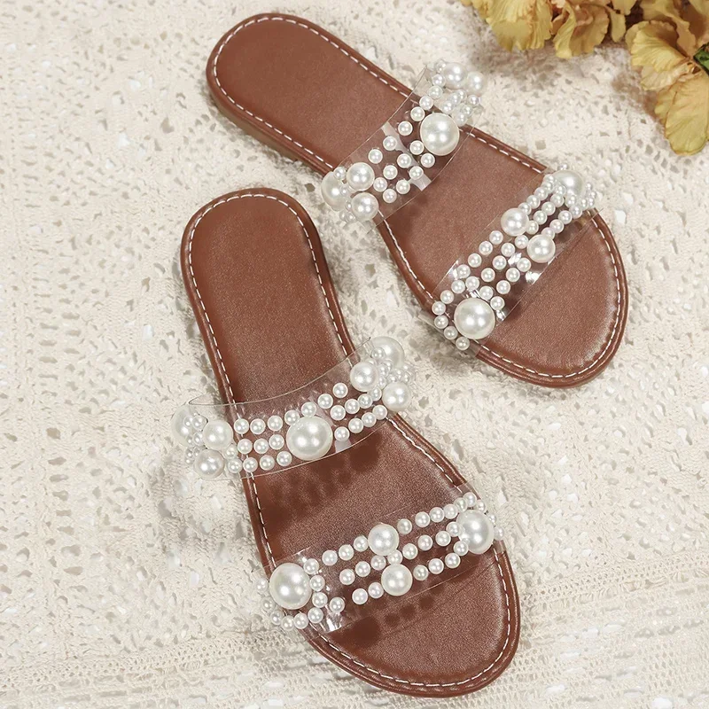 Bohemian Sandals Women Slippers Sexy Transparent Band Flat Pearl Versatile Outdoor Flip-flops Beach Shoe Женские тапочки