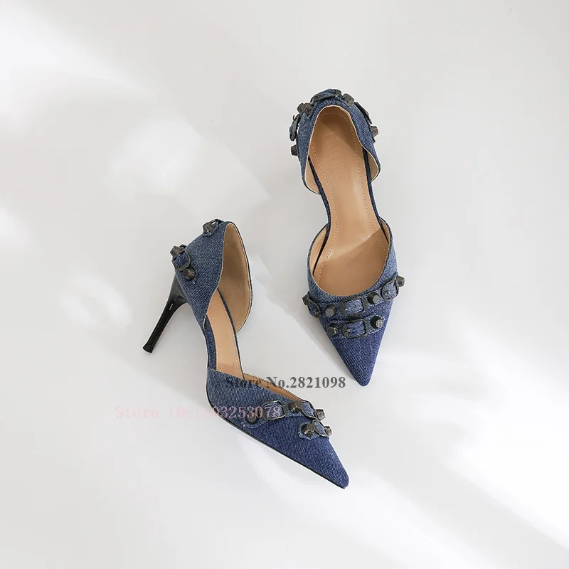 8Cm Heeled Slip On Blue Denim Jeans Strap Stud High Heel Pumps Pointed Toe Women Thin Heeled Prom Shoes