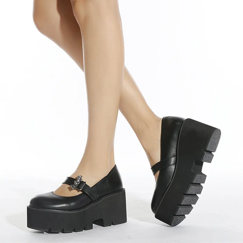 

Fashion Increase Chunky Heel Platform Shoes Women Black Leather PU Light Slip Mary Jane Shoes Metal Bat Buckle Decoration Flats