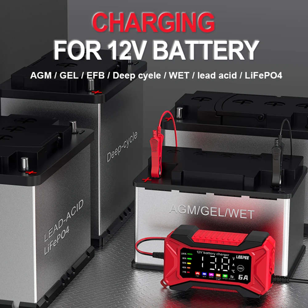 6A 12V 鉛蓄電池用充電器 インテリジェントパルス修復機能付き デジタル電圧検出器搭載 ボート・車用バッテリー充電器