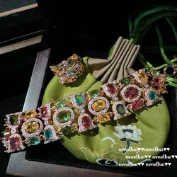 Luxury 18K Rose Gold Plated Ring Bracelets Full of Multicolor Cubic Zirconia Women's Elegant Vintage Wedding Bride Jewelry Sets