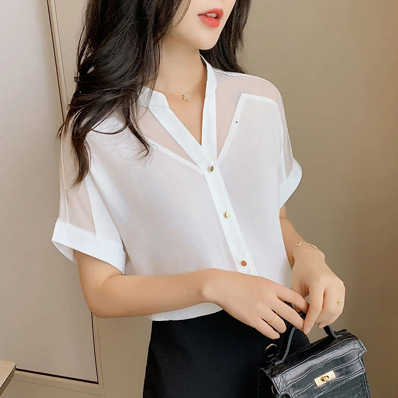 

Casual Fashion Mesh Patchwork Short Sleeve Shirt Lady Solid Color V-neck Chiffon Blouse Women Elegant Buttons TopYY88