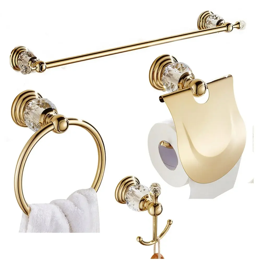 Golden Polished 4-Piece Bathroom Acessory Set Craystal Toilet Paper Holder Wall Towel Ring Bath Hardware Set Towel Bar Coat Hook