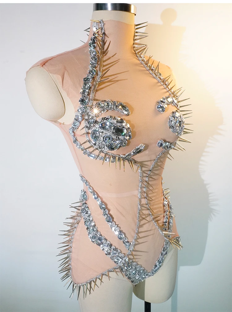 レディース光沢のあるピンクのラインストーン新しい Djnightclub クラブバー卒業誕生日パーティー衣装歌手ダンスパフォーマンスステージ衣装