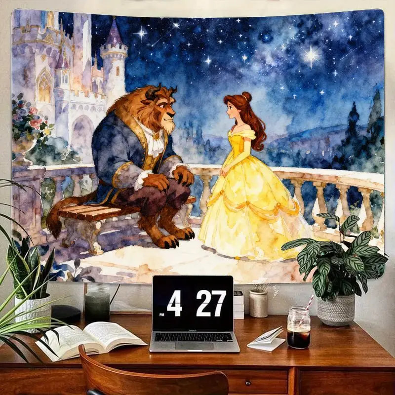 

1 шт. гобелен Disney «Красавица и чудовище», эстетический акварельный сказочный замок «Звездная ночь», настенное искусство для спальни, гостиной, общежития