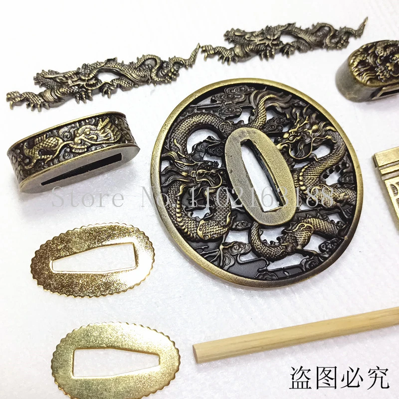 A Set Japanese Samurai Sword Katana/Wakizashi/Tanto Guard Fittings Dragon Tsuba+Menuki+Fuchi+Kashira+Handle+Habaki+Seppa