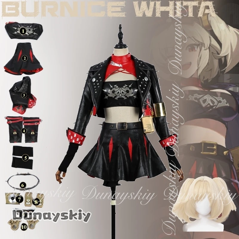 {Kisekiya}Zenless Zone Zero Game Burnice Whita Косплей с черной кожаной курткой и короткой юбкой с бежевым париком Косплей Костюм