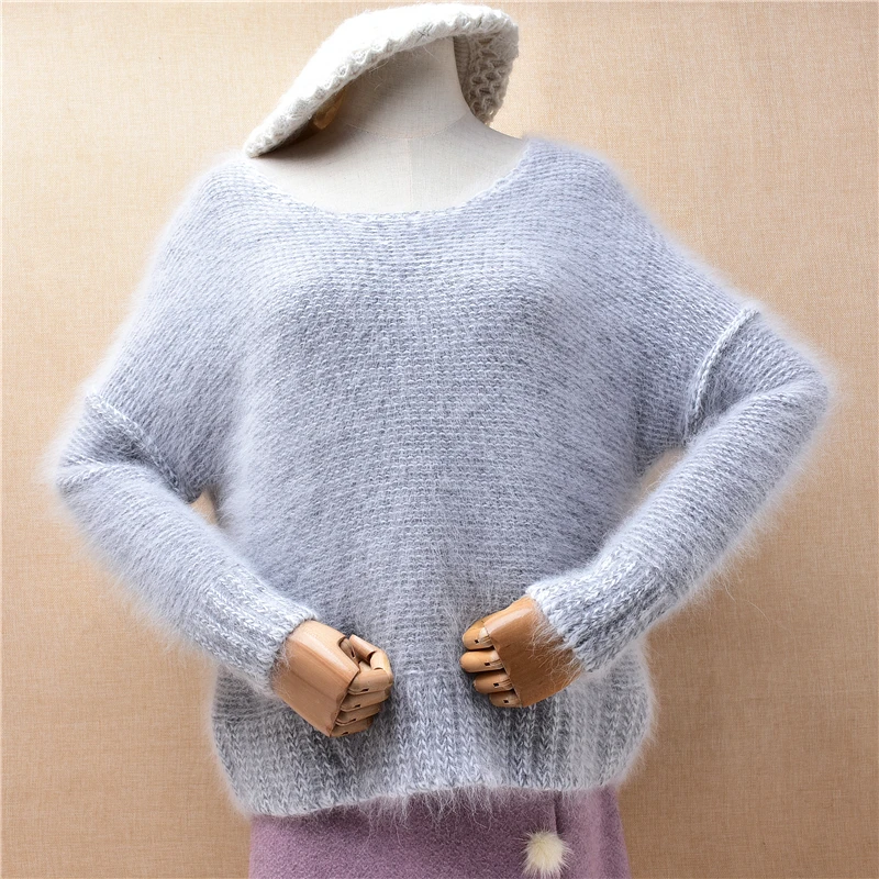 Ladies Women Fall Winter Clothing Grey Hairy Angora Rabbit Hair Knitted O-Neck Long Sleeves Slim Blouses Pullover Sweater Jumper