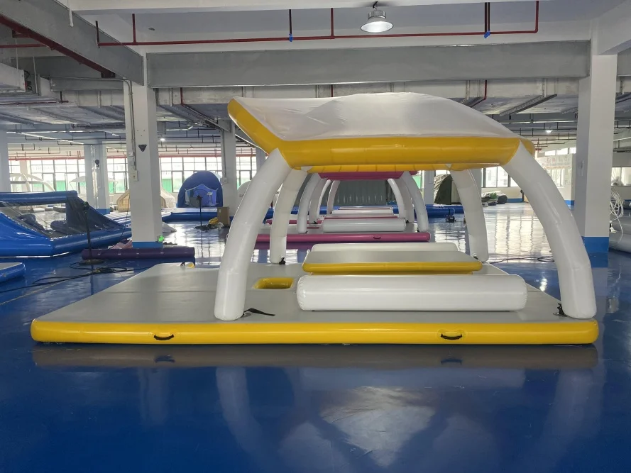 Luxury inflatable water marina with tent roof for yacht extensions, offshore floating platforms, camping and sunbathing
